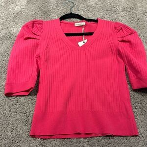Pink super soft vneck puff sleeve spring sweater! Ribbed - size M/L NWT